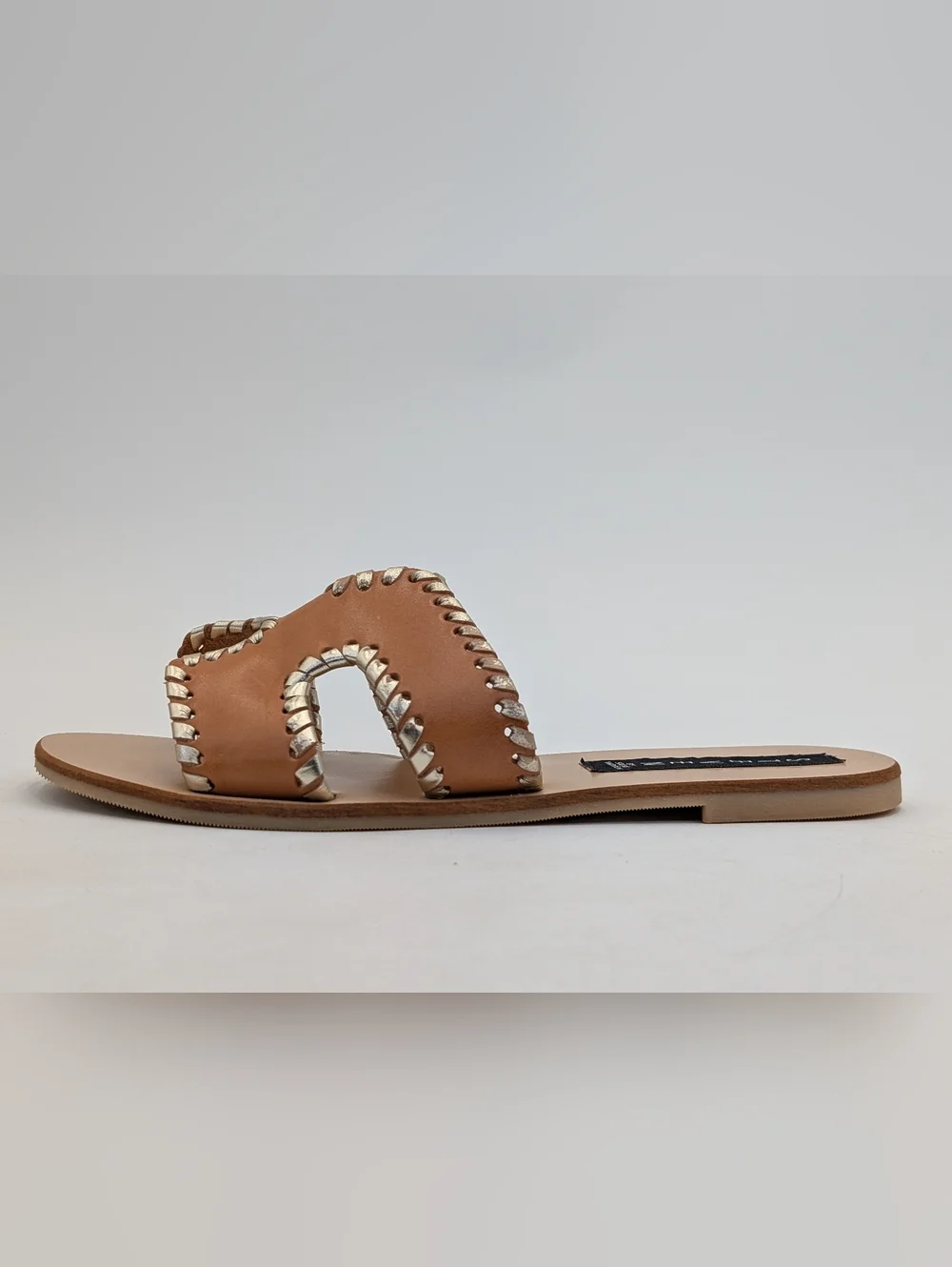 Steve Madden Greece Size 7 Genuine Leather Cognac Silver Metallic-Accent Flats
